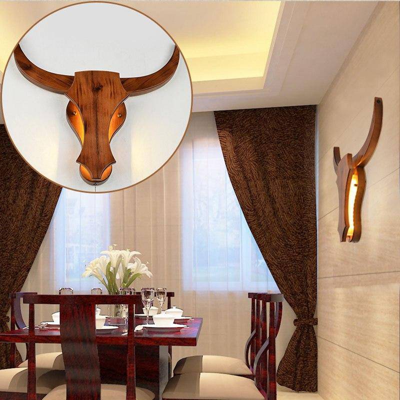 Applique murale LED en bois retro en forme de tête de cerf