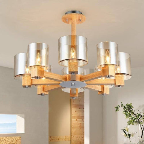 Design chandelier in wood and lampshade in glass
