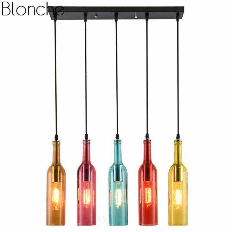 Suspension design à LED en forme de bouteille en verre de couleur