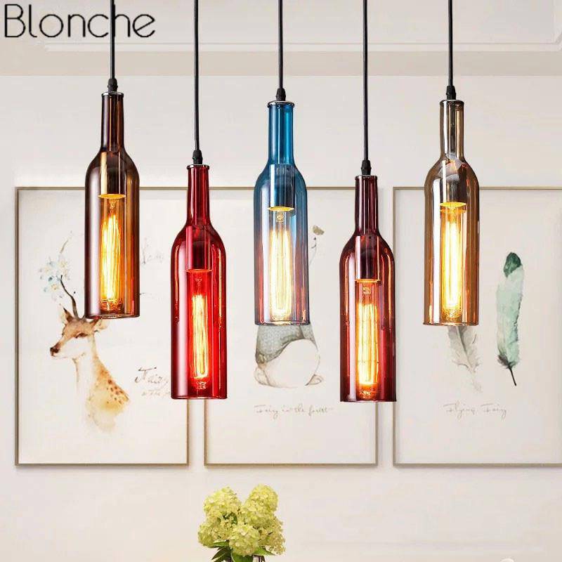 Suspension design à LED en forme de bouteille en verre de couleur