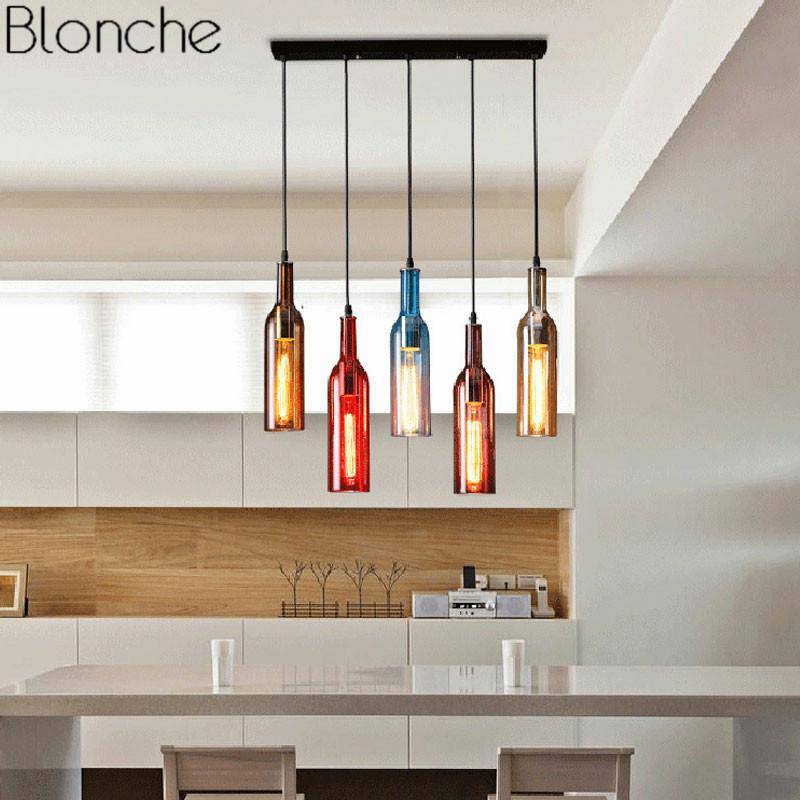 Suspension design à LED en forme de bouteille en verre de couleur