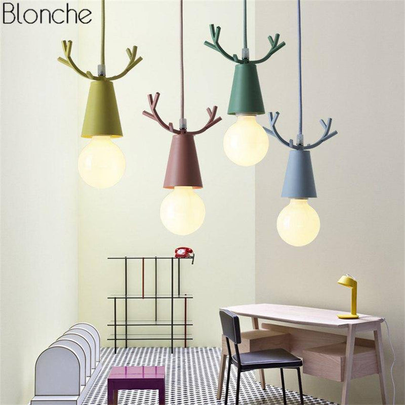 Conical LED pendant light with colorful deer horns