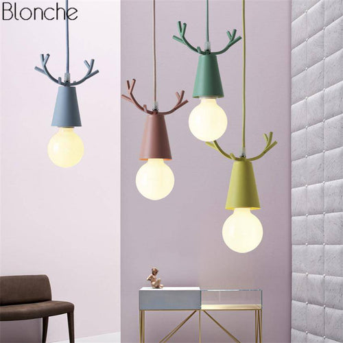 Conical LED pendant light with colorful deer horns