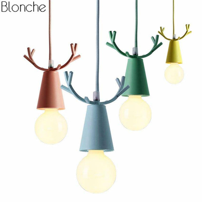 Conical LED pendant light with colorful deer horns