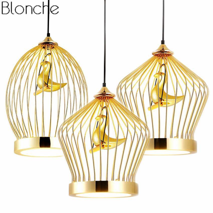 Suspension LED doré oiseau en cage - vue 4 sur 7