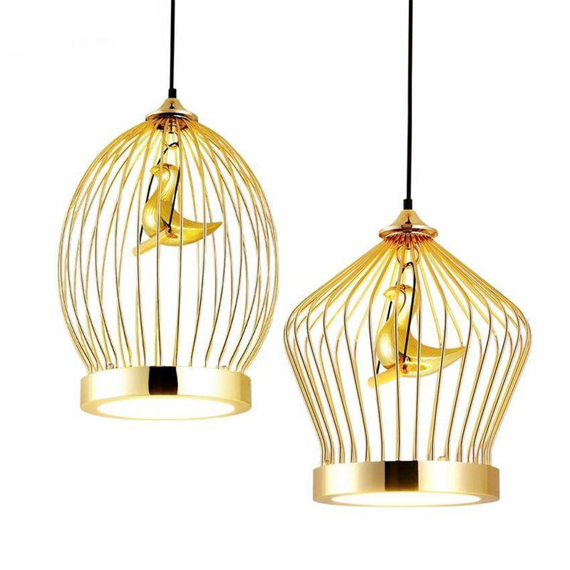 Lámpara de suspensión Jaula dorada para pájaros con LEDs