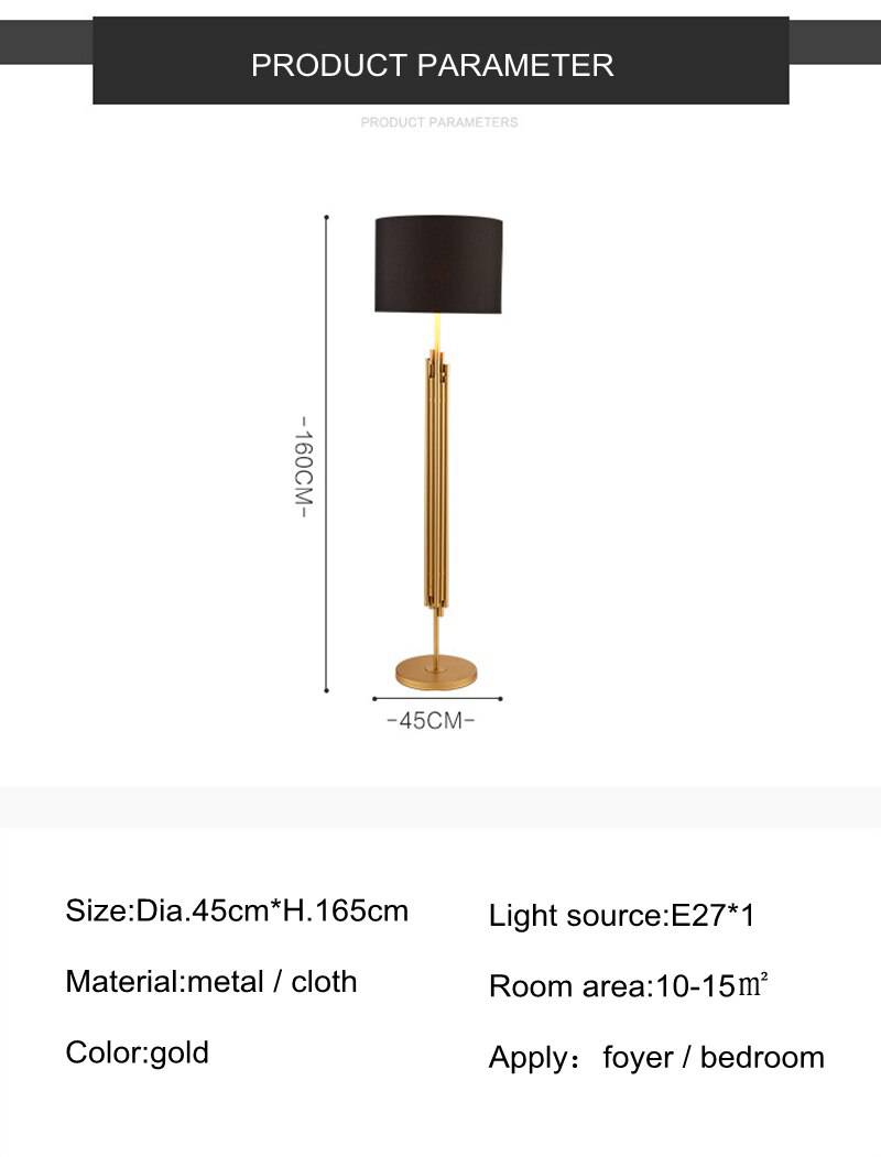 Lampadaire design doré avec abat-jour noir arrondi body