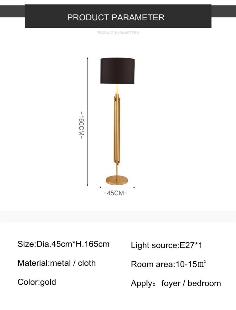 Lámpara de pie design dorada con cuerpo de pantalla redondeado negro