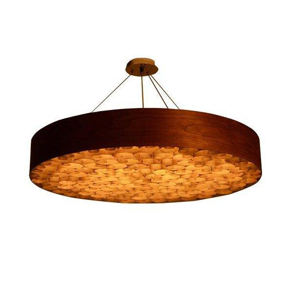 pendant light LED backlight with thick-edged wooden circle in the style of a candlestick