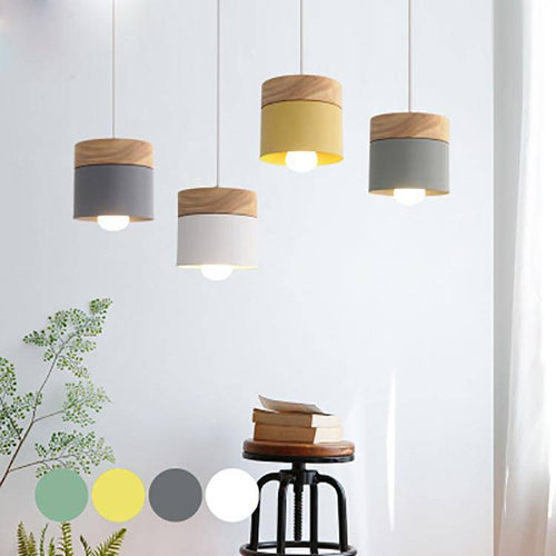 pendant light Metal and wood cylindrical LED Modern