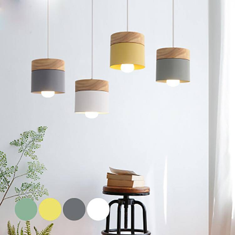 pendant light Metal and wood cylindrical LED Modern