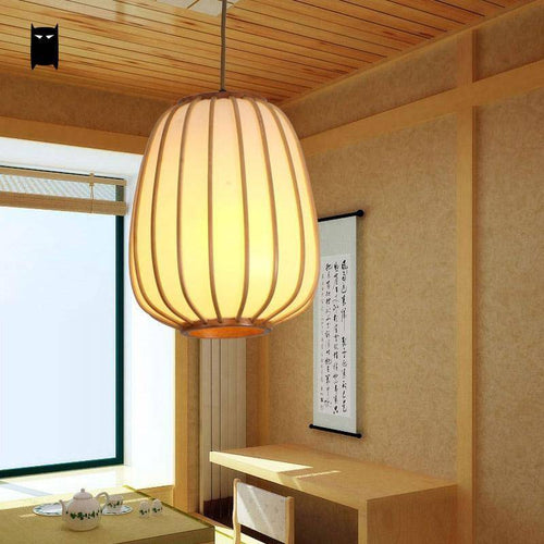 Suspension design en bambou LED avec abat-jour arrondi style japonais - vue 4 sur 5