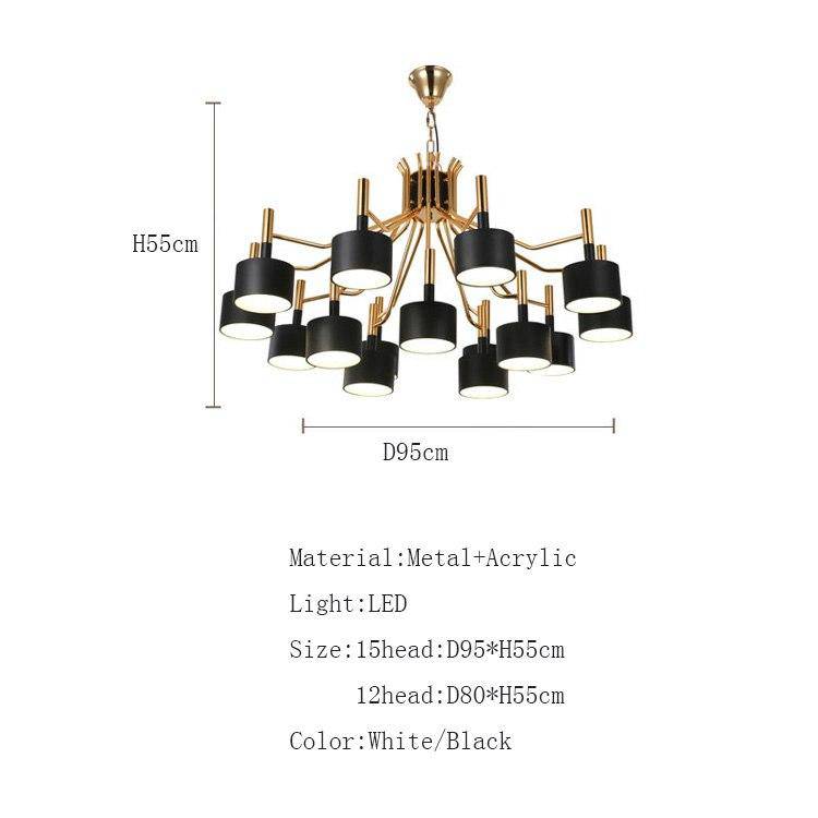 Lustre design doré à LED et lampes noires ou blanches Foyer