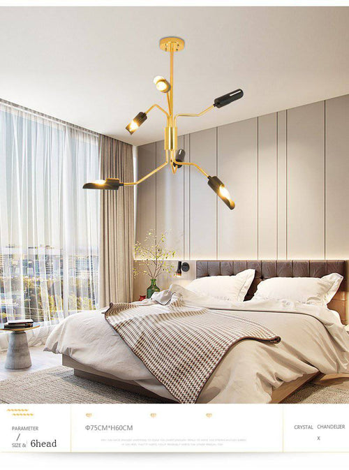 Lustre design à LED avec bras articulés dorés et lampes noires