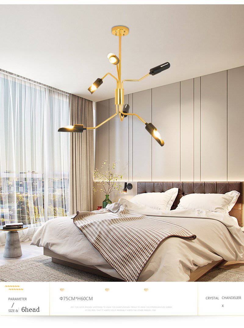 Lustre design à LED avec bras articulés dorés et lampes noires