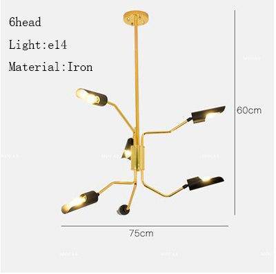 LED design chandelier with gilded articulated arms and black lamps