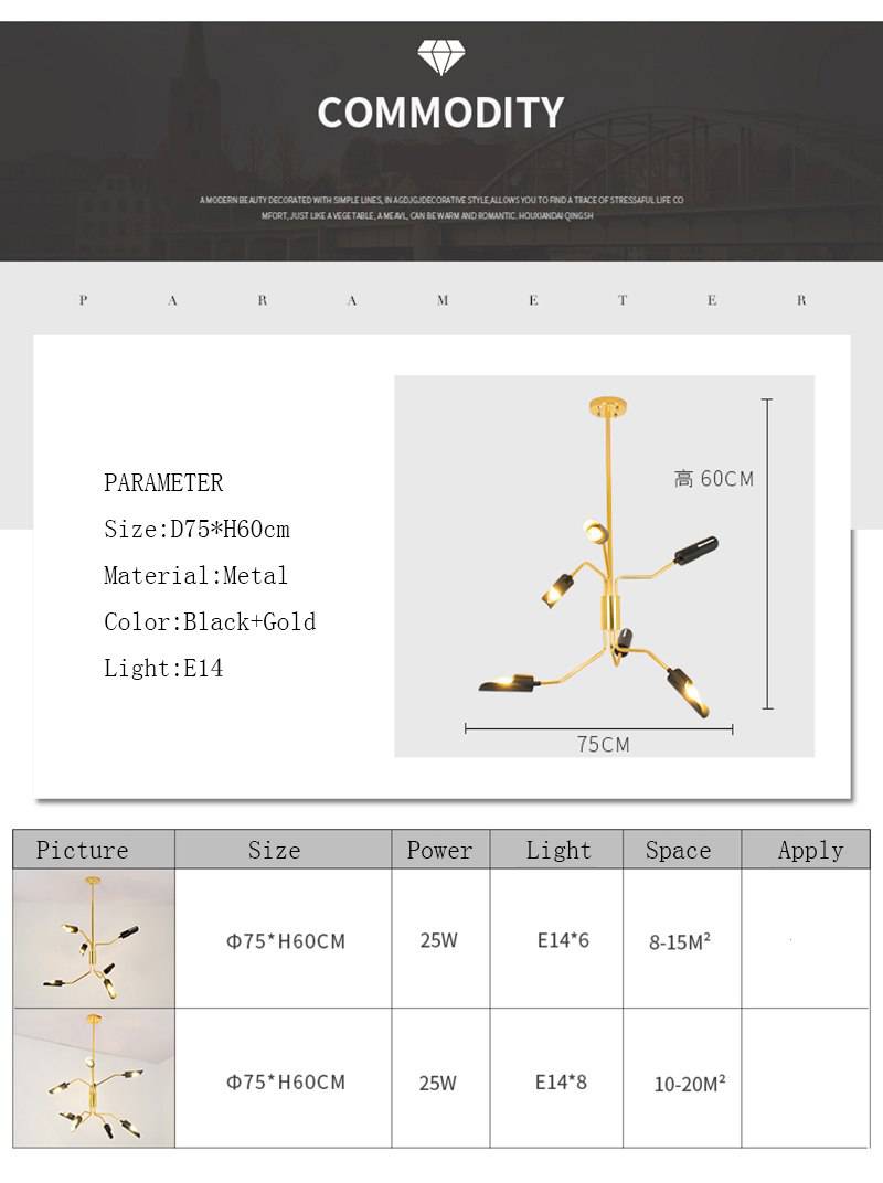 Lustre design à LED avec bras articulés dorés et lampes noires - vue 6 sur 8