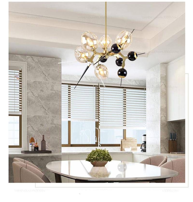 Lustre design à LED moderne doré et noir avec boules en verre et pics - vue 10 sur 12