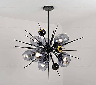 Lustre design à LED moderne doré et noir avec boules en verre et pics - vue 6 sur 12