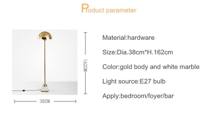 Lampadaire design à LED en métal doré avec abat-jour sphérique