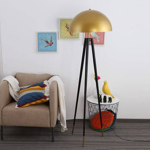 Lampadaire design triple pied et abat-jour sphérique en métal doré Luxe