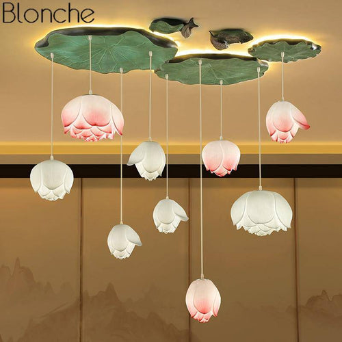 Suspension LED style chinois avec fleurs Lotus