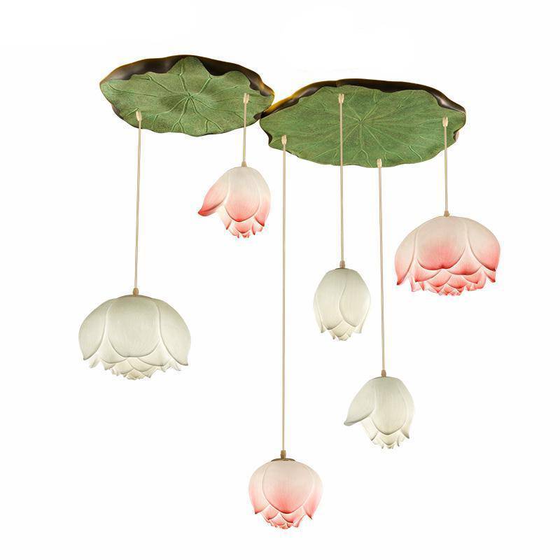 Lámpara de suspensión LED de estilo chino con flores de loto