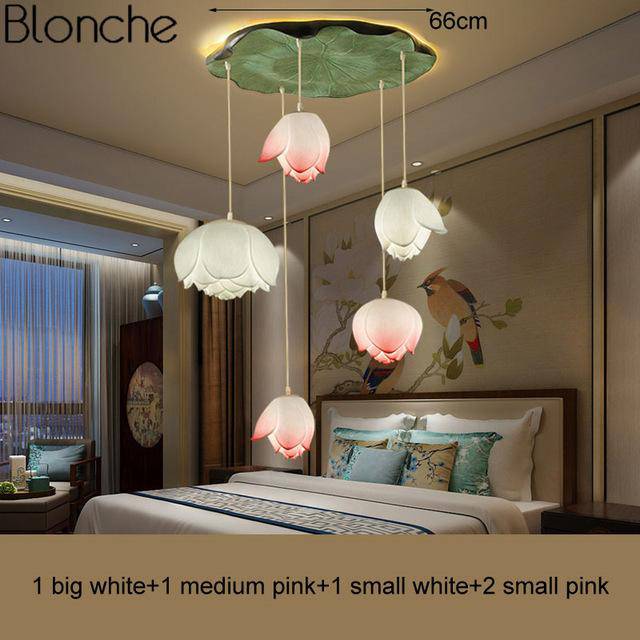 Lámpara de suspensión LED de estilo chino con flores de loto