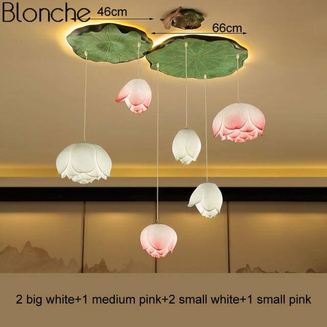 Suspension LED style chinois avec fleurs Lotus