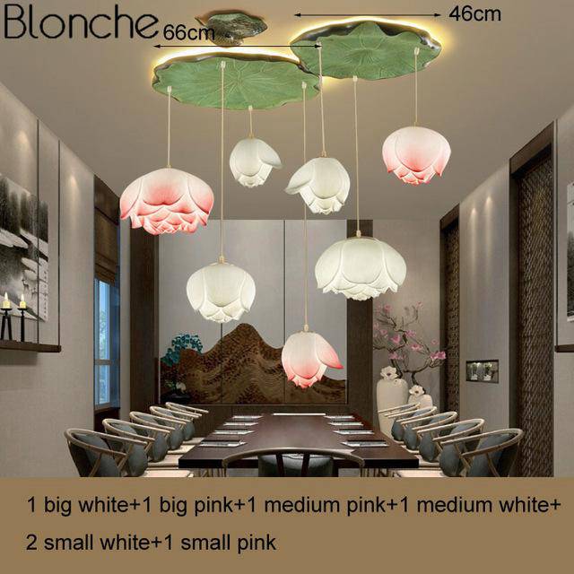 Suspension LED style chinois avec fleurs Lotus