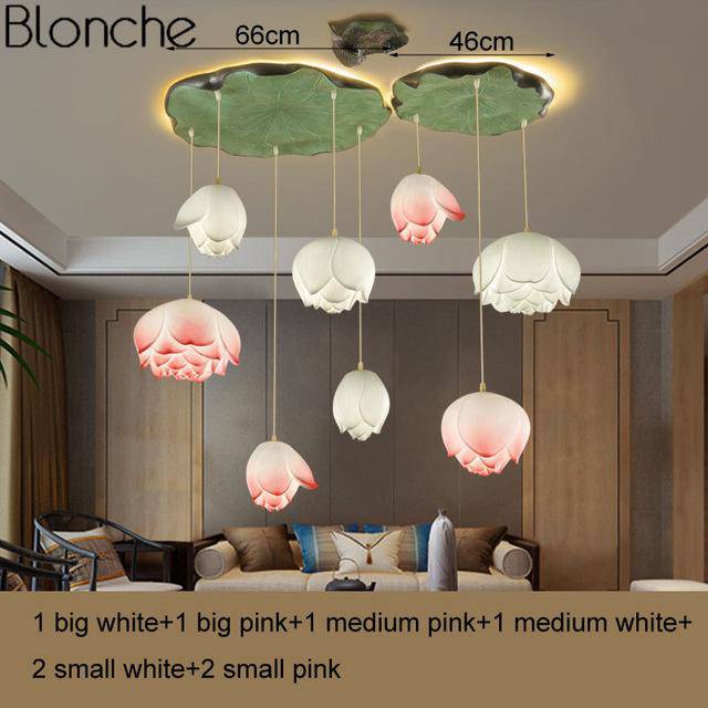 Suspension LED style chinois avec fleurs Lotus