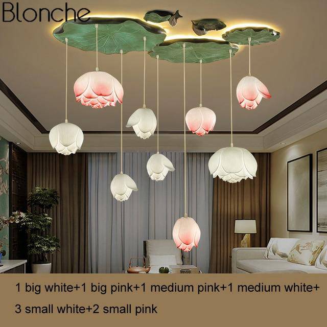 Suspension LED style chinois avec fleurs Lotus