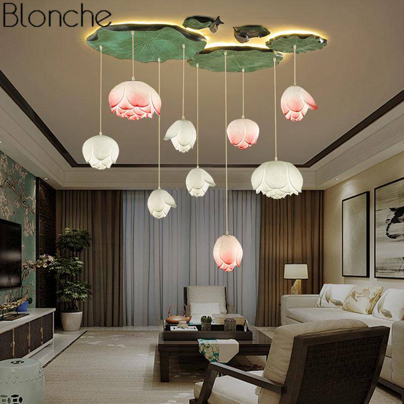 Suspension LED style chinois avec fleurs Lotus