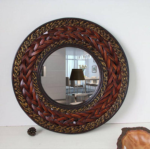 Espejo de pared redondo de madera tejida Antiguo