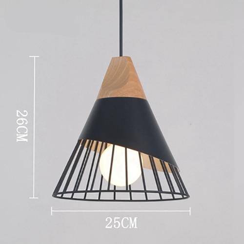 pendant light conical metal cage and wooden support