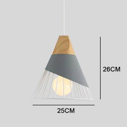 pendant light conical metal cage and wooden support