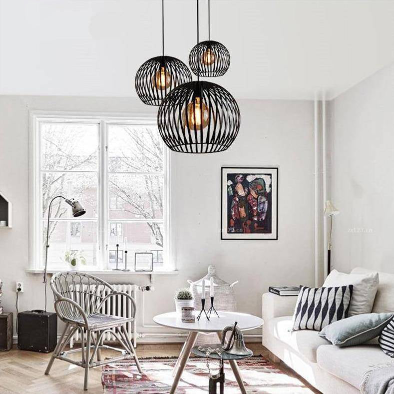 pendant light in vintage round cage (black or white)