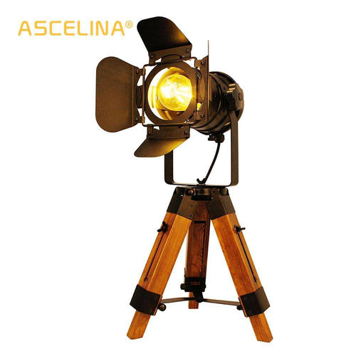 Adjustable spotlight table lamp on wooden stand