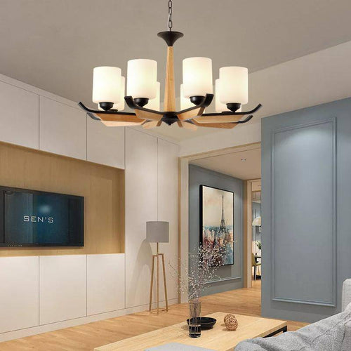 Wooden LED chandelier with cylindrical glass lamps Contemporary