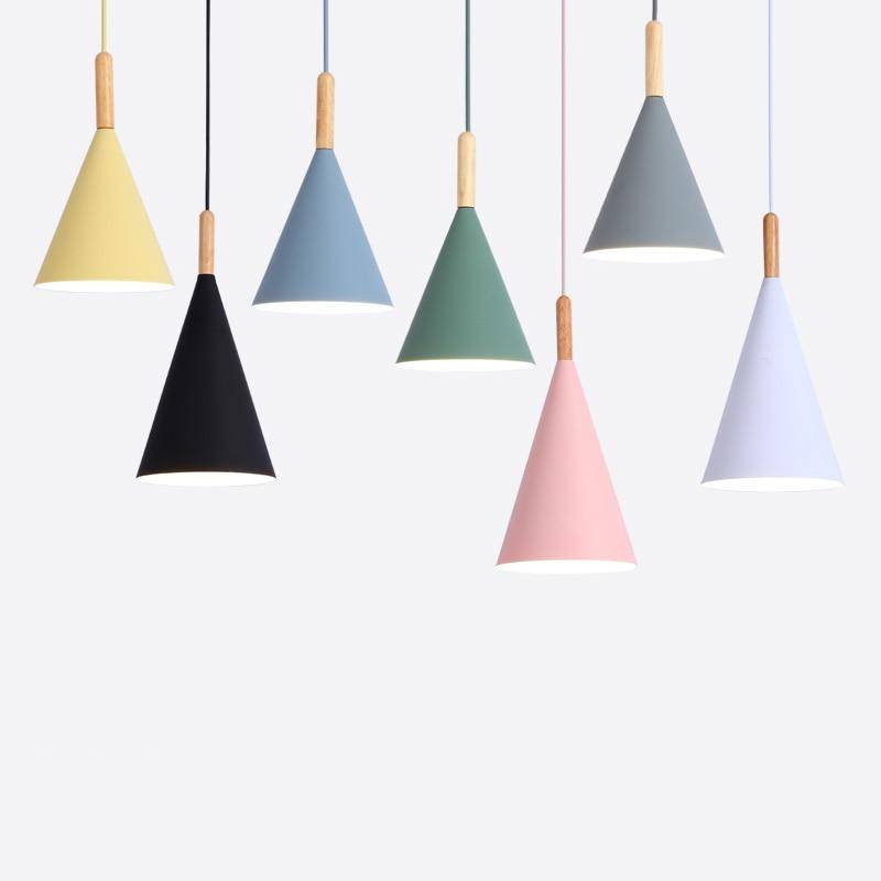 pendant light conical colored metal and wooden rod Bar