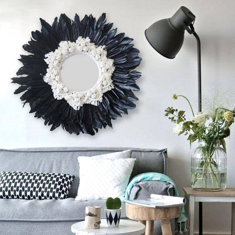 Round decorative wall mirror with black and white feathers Modern