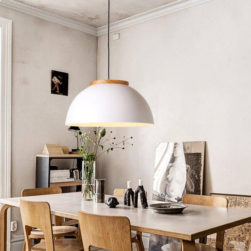 pendant light half white metal ball with wooden base