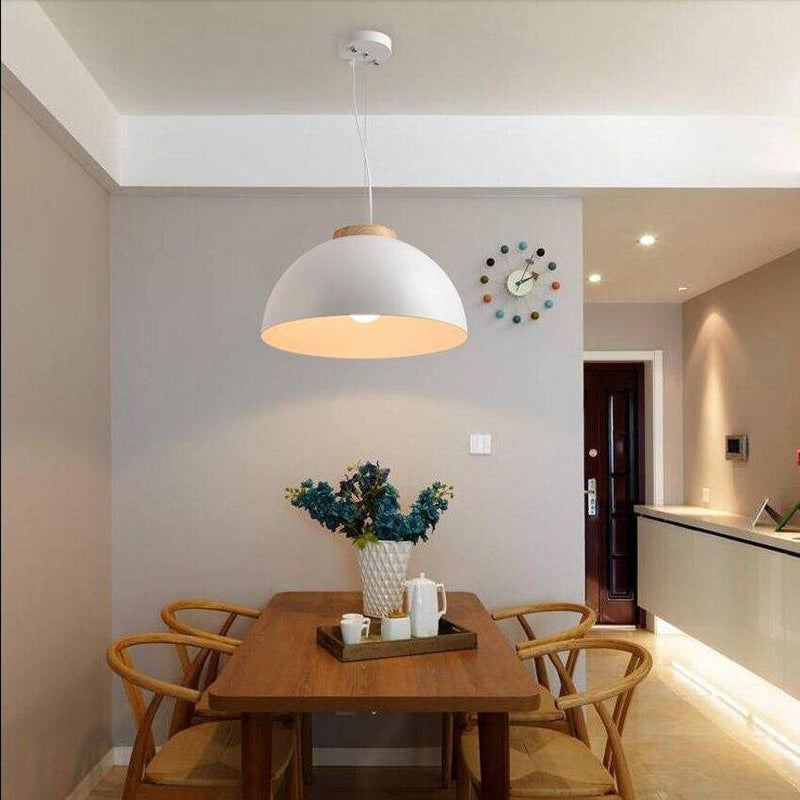 pendant light half white metal ball with wooden base