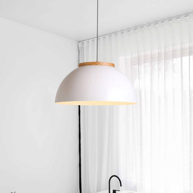 pendant light half white metal ball with wooden base