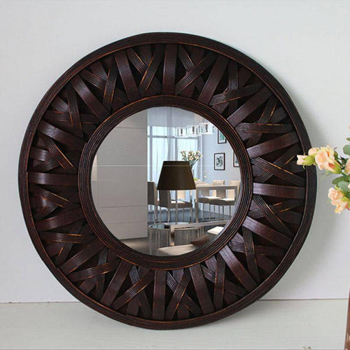Espejo de pared decorativo redondo de madera oscura tejida
