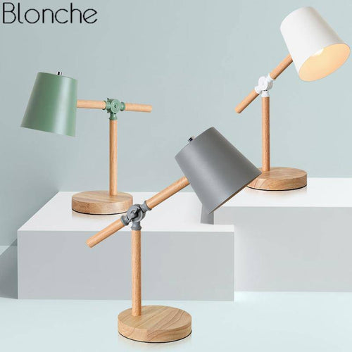 Adjustable wooden table lamp with lampshade