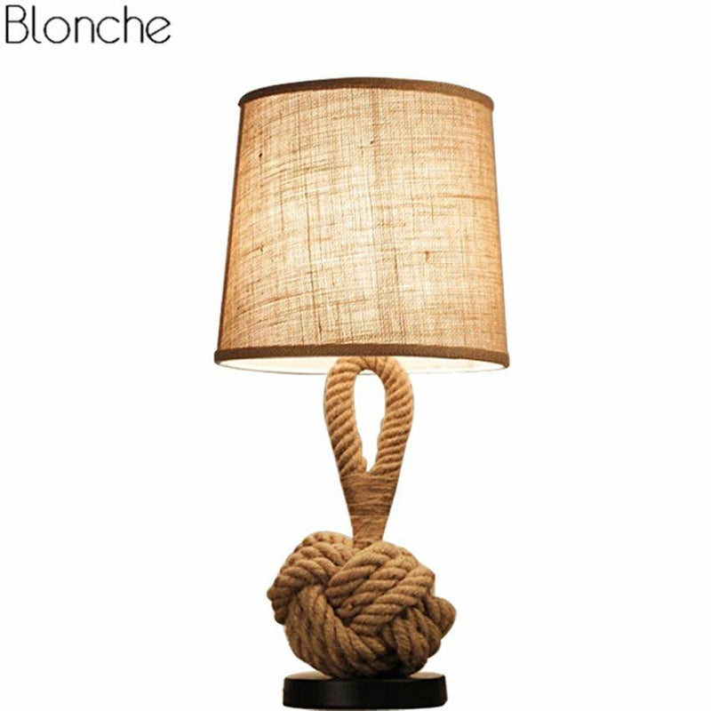 Bedside lamp with lampshade fabric and rope support