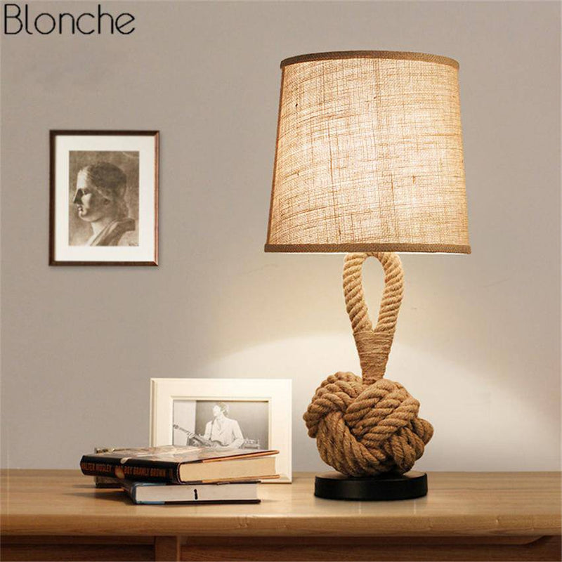 Bedside lamp with lampshade fabric and rope support