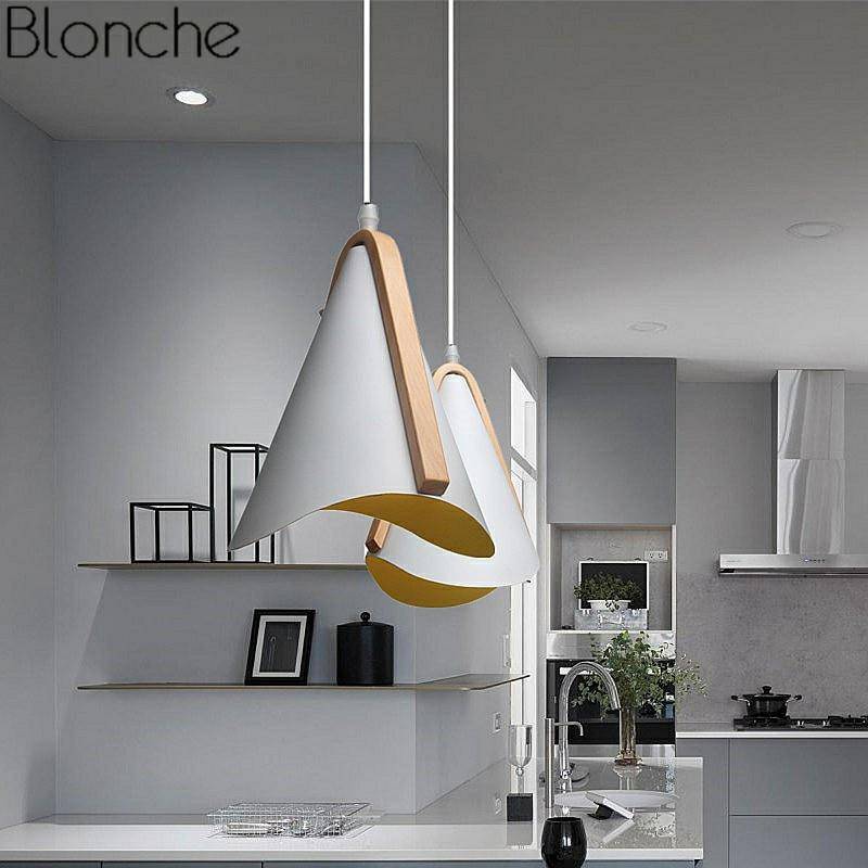 Lámpara de suspensión design en metal blanco y madera nórdica