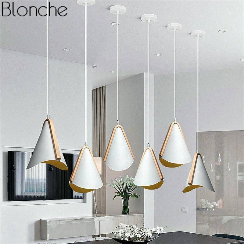 Lámpara de suspensión design en metal blanco y madera nórdica